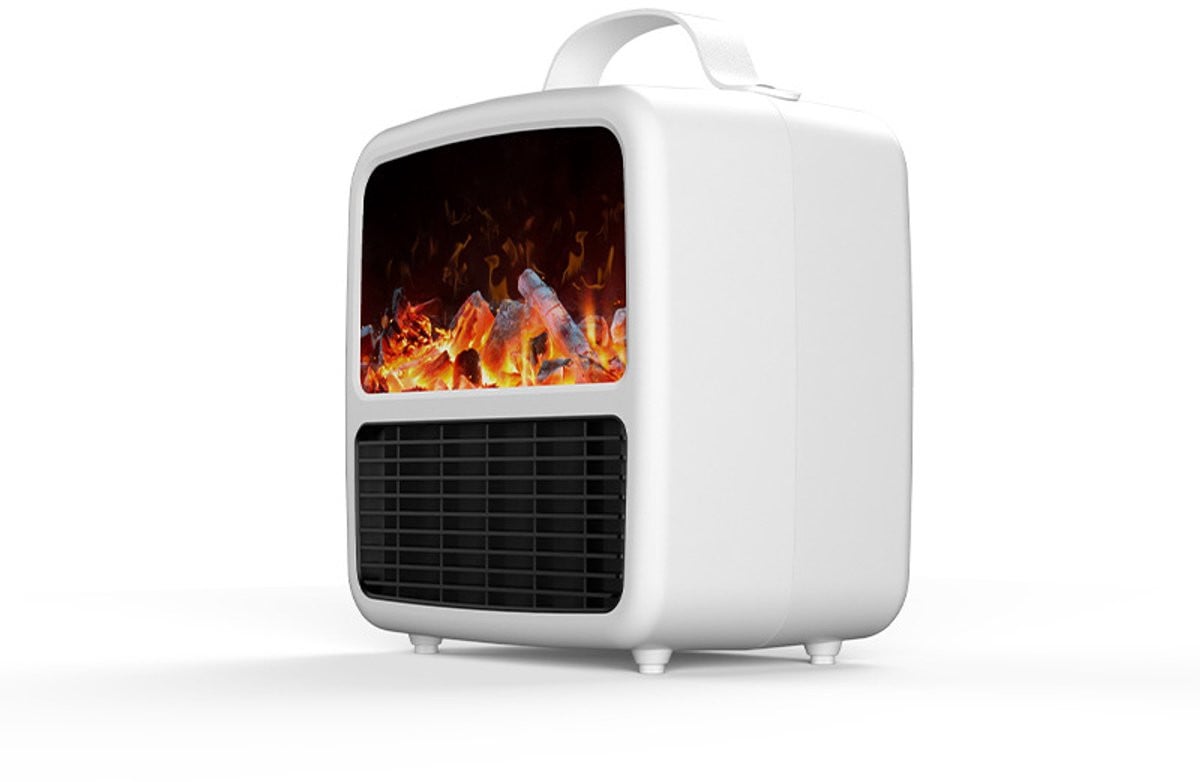 Elektrische keramische bureauventilatorkachel met 3D-vlam en oververhittingsbeveiliging, 1500W, wit