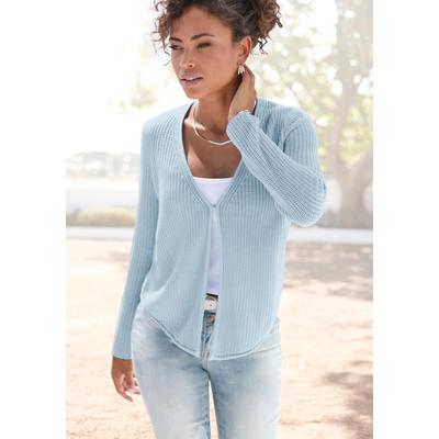 Strickjacke VIVANCE "mit V-Ausschnitt und Haken zum Verschließen", Damen, Gr. 36/38, blau (hellblau), Strick, Obermaterial: 100% Polyacryl, unifarben, figurumspielend, tiefer V-Ausschnitt, Strickjacken Strickjacke, leichte Strickqualität,...
