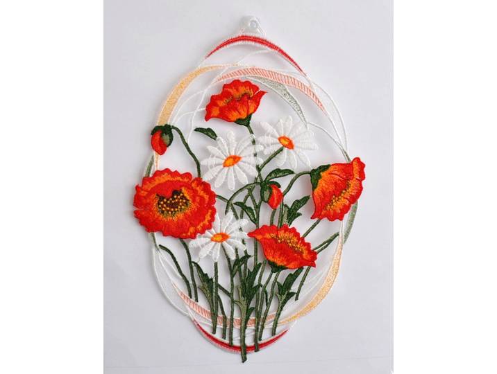 Fensterbild STICKEREIEN PLAUEN Mohnblumen Gr. 1, rot, B:22cm H:31cm, Polyester, Fensterbilder, Fensterbild, mit echter Plauener Spitze Stickerei