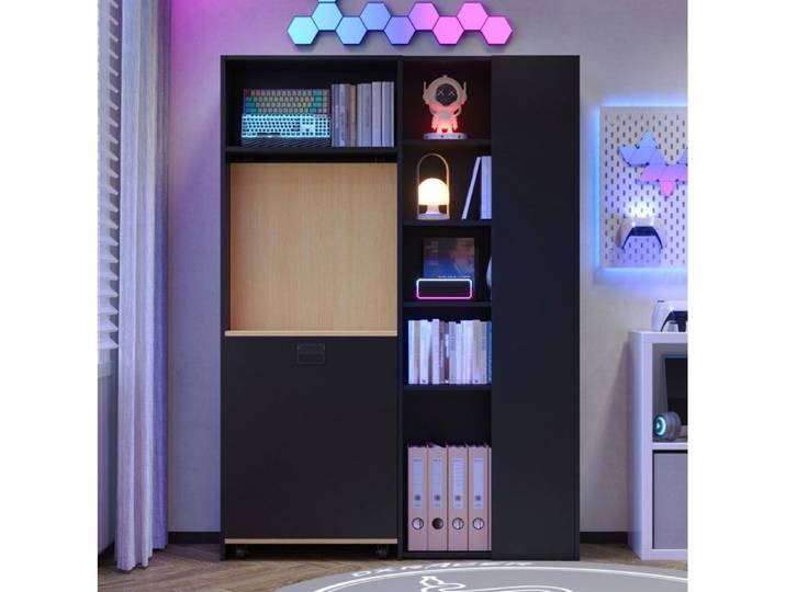 Bureau pliant 2-en-1 AESVAR avec bibliothèque prise EU et ports USB MDF noir effet bois angle droit