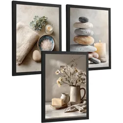 POSTER 3er-Set dekorative Badezimmer Kunstdrucke, Zen-Spa-Stil, minimalistische Bilder mit Steinen, Kerzen und Blumen, Schwarzer Rahmen A4