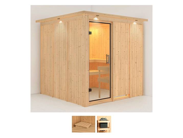 Sauna KARIBU Rodin , beige (naturbelassen), ohne Ofen, (ohne Ofen), Saunen, Sauna, ohne Ofen