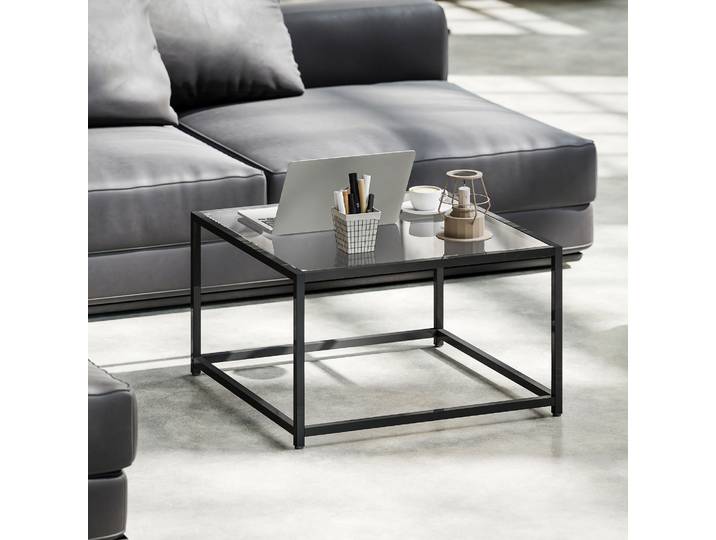 HOMCOM Table Basse Carrée 68cm Verre Trempé Acier Noir