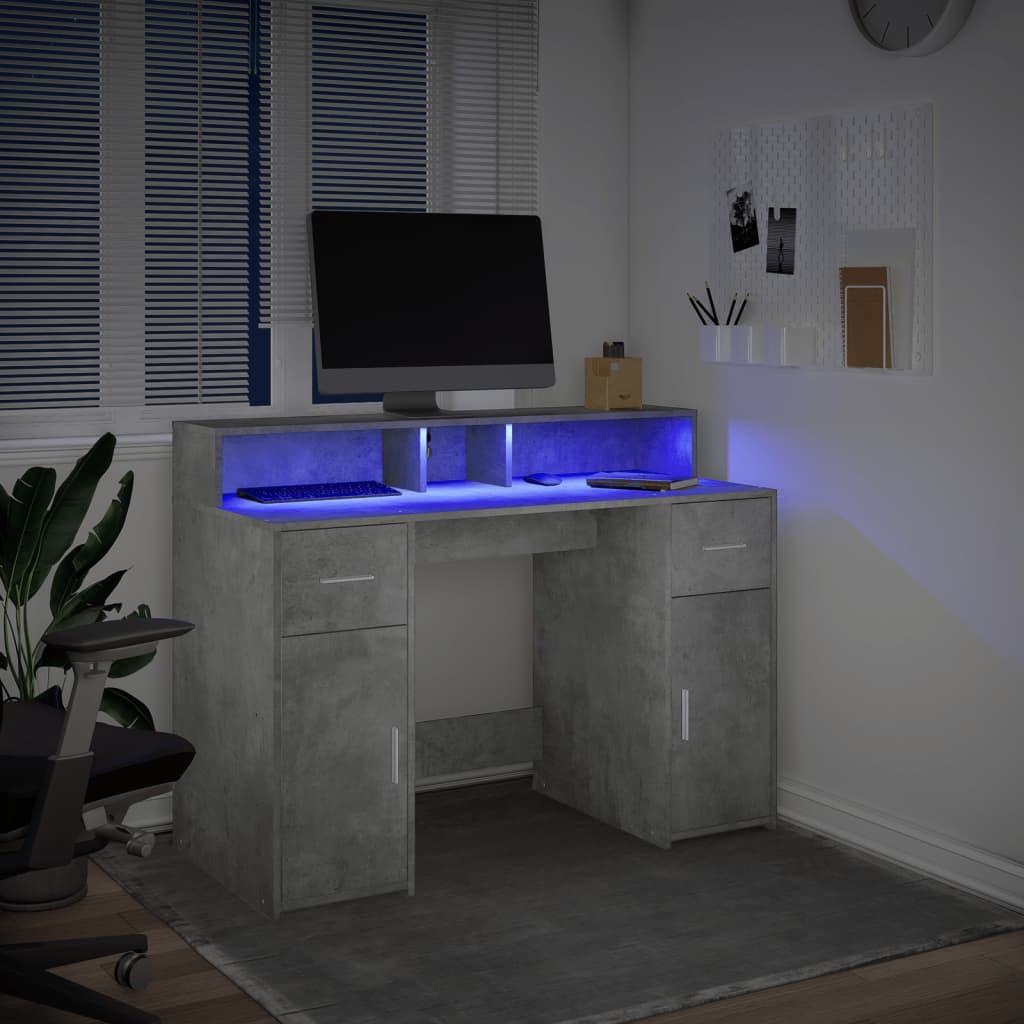 vidaXL Escritorio con LED madera ingeniería gris hormigón 120x55x91 cm Gris