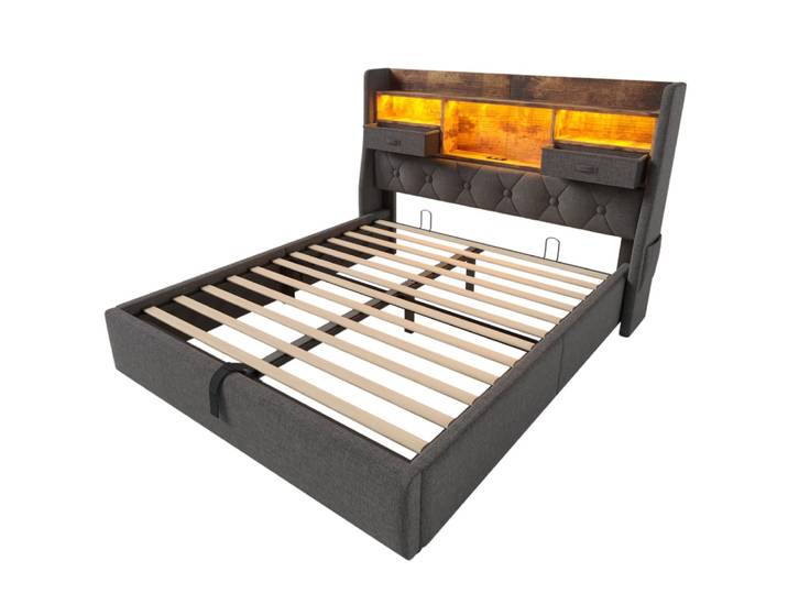 Lit coffre enfant 140x200 cm avec rangement, led, usb/type-c, lin gris