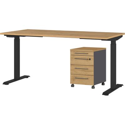 Büromöbel-Set GERMANIA "Agenda", schwarz (grandson, eiche, nachbildung, schwarz), B:160cm T:80cm, Holzwerkstoff, Kunststoff, Metall, Arbeitsmöbel-Sets, Büromöbel-Set, Set bestehend aus höhenverstellbarem Schreibtisch und Rollcontainer