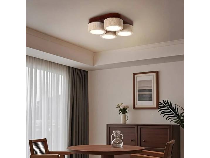 Plafonnier carré rétro en bois massif, lampe en pierre naturelle Wabi Sabi Travertin, chambre à coucher, salon, couloir, lampe à bande LED longue