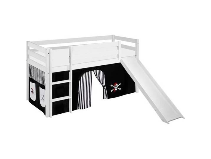 Lit surélevé ludique JELLE 90 x 190 cm Pirate noir blanc-S - avec rideaux et toboggan - LILOKIDS - blanc laqué
