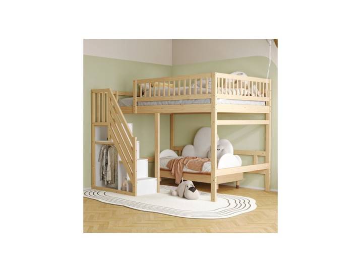 ®RisingFF Lit en bois massif 140*200cm escalier avec garde-corps hauts pour rangements lit ado couleur bois naturel