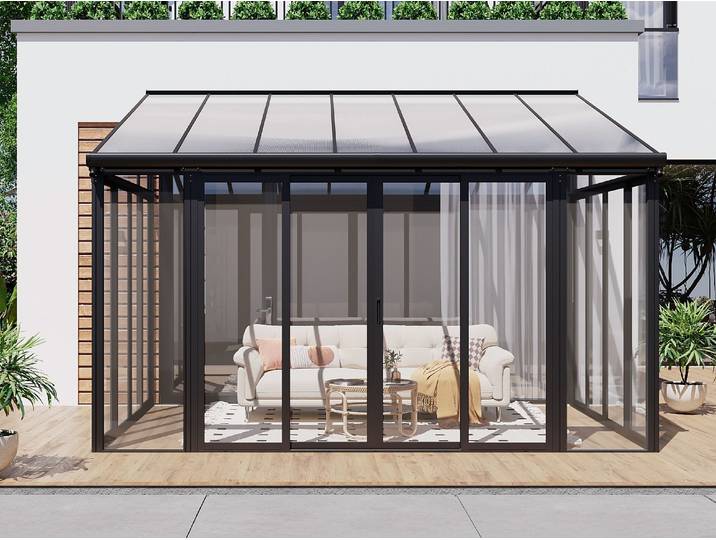 Véranda en aluminium et polycarbonate avec protection UV - 12,5 m² - anthracite - MATHILDA