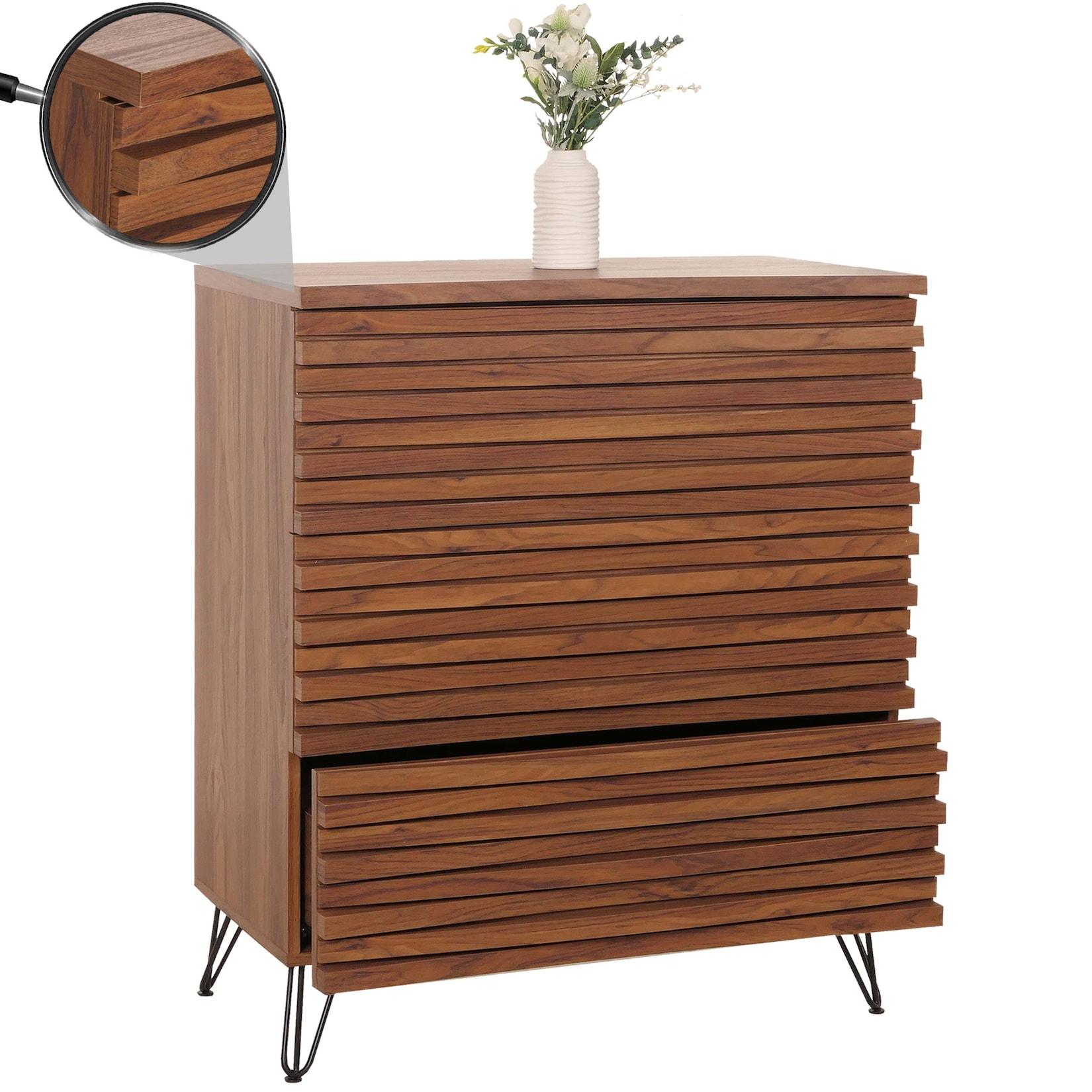 Kommode MCW-M49, Sideboard Schrank Highboard, 3D-Design 3 Schubladen MDF Metall 94x80x45cm ~ Walnuss-Optik