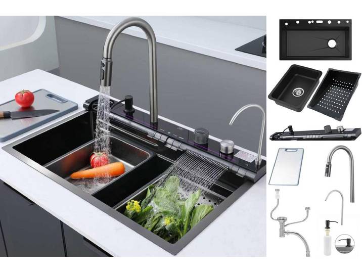 Faizee Home Edelstahlspüle Edelstahlspüle FaizeeHome, Multifunktionale Edelstahlspüle mit Armatur