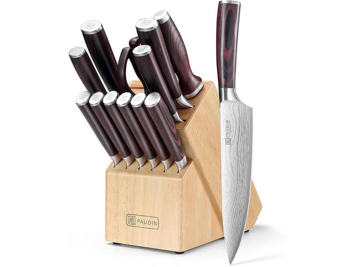 Messerblock Set 14-teilig Edelstahl mit Holzblock und Wetzstahl, Mehrfarbig, Kochgeschirr, Küchenmesser, Messersets