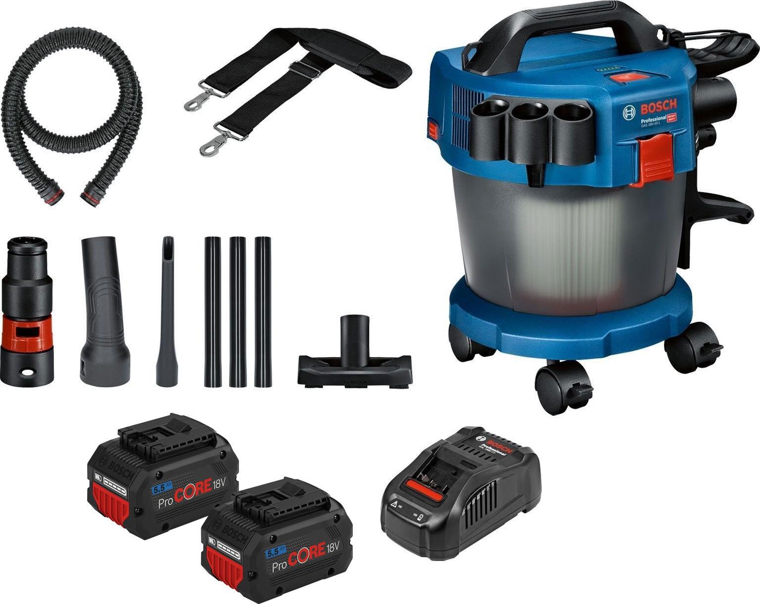 Bosch Akku-Staubsauger GAS 18V-10 L / 2x 5,5 Ah ProCORE18V Akku + Ladegerät inkl. Zubehör-Set 14tlg.