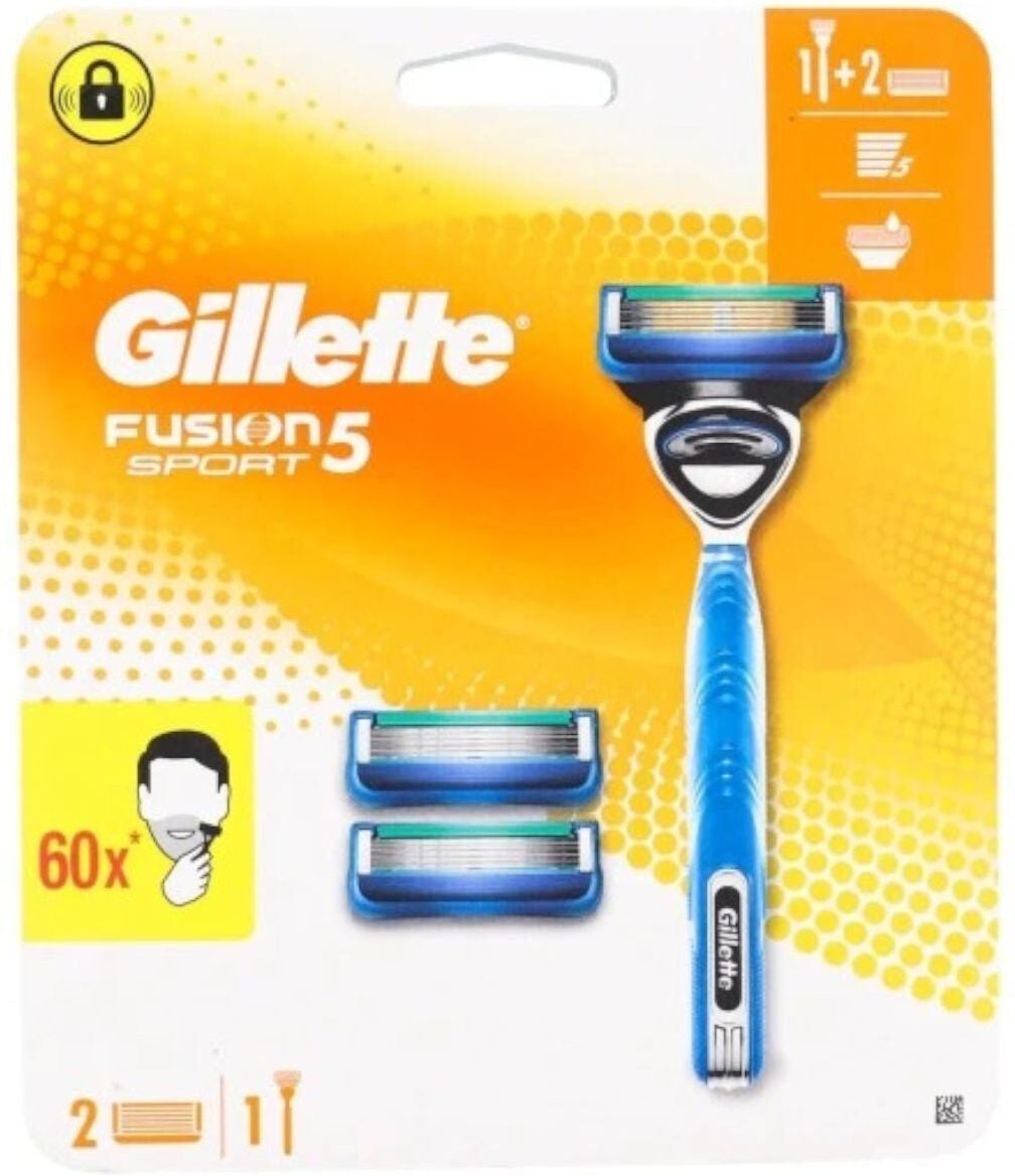 Gillette Fusion 5 Sport Razor Set: Ergonomic Handle & 2 Anti-Friction Blade Cartridges