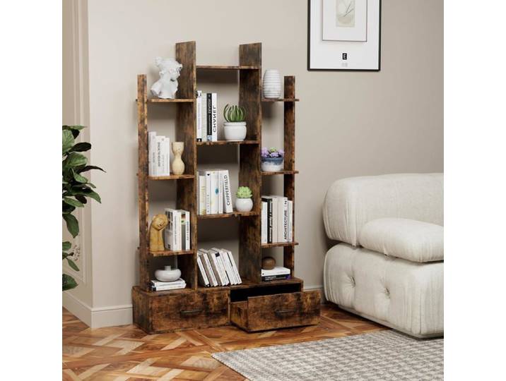 Bibliothèque Arbre - Étagère à 12 Compartiments - 2 tiroirs - Meuble de Rangement - 86x25x140cm - Marron Rustique