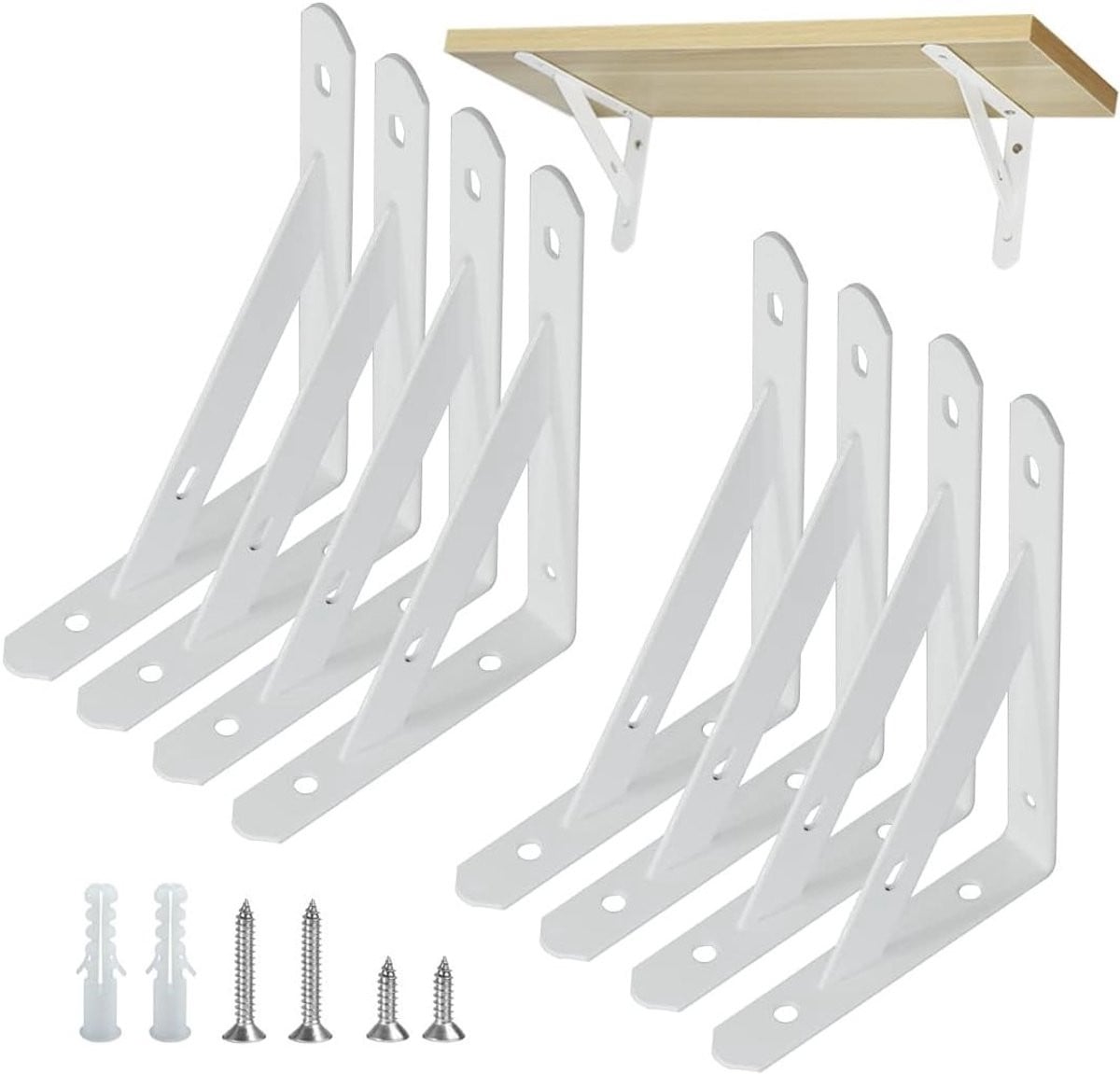 Witte driehoekige wandsteunen voor planken inclusief accessoires, 15 cm