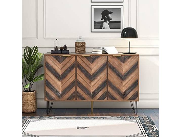 BTM Sideboard, Exklusives Sideboard mit DREI Türen, mit stilvollen Details und großzügigem Stauraum. Tür aus Massivholzfurnier, konkave und Konvexe Haptik. Enthält Laminate.