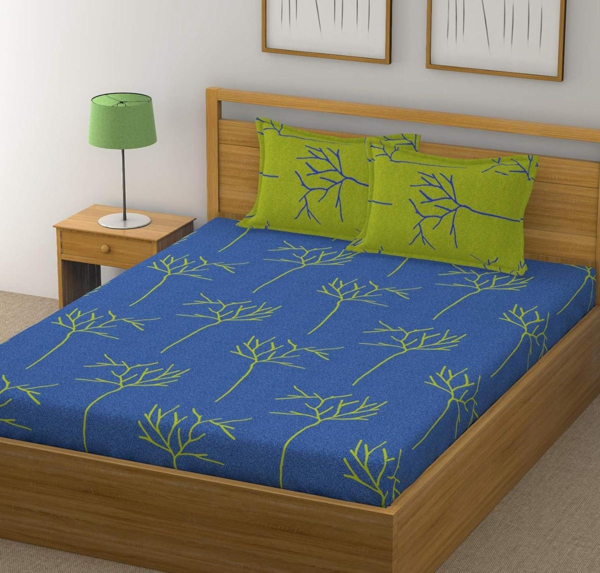 Katoenen tweepersoons beddengoed set met bloemenprint in blauw groen