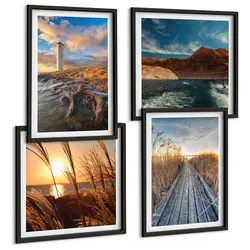 BILDER SET 4er Set - 50x50 cm & 40x60 cm Schwarzer Rahmen - Leuchtturm-Grassteg