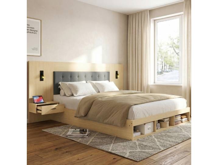 STILVORA Doppelbett 180*200cm Stauraumbett mit Leselampe , Jugendbett mit USB& Type-C-Ladestation und Leselampe, Holzbettmit 2 Nachttische,heller Eichenfarbe