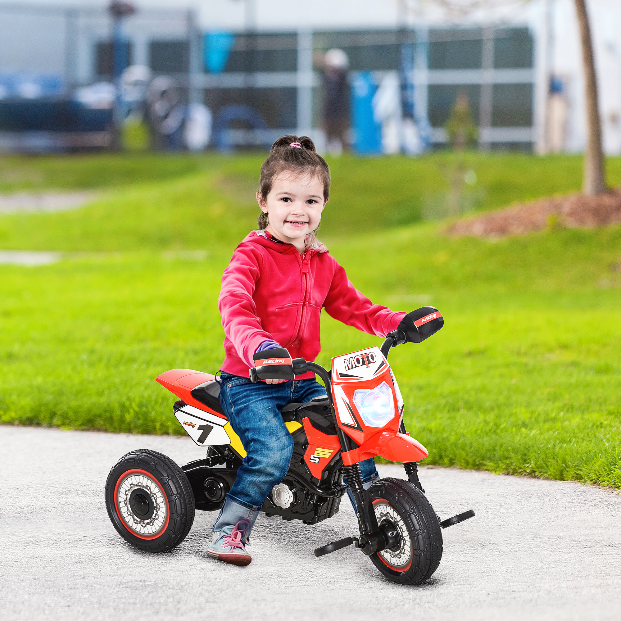 Homcom Triciclo per Bambini Stile Moto a Pedali con Luci e Suoni, 3 Ruote Larghe, Età 18-36 Mesi, 71x40x51cm, Rosso Aosom