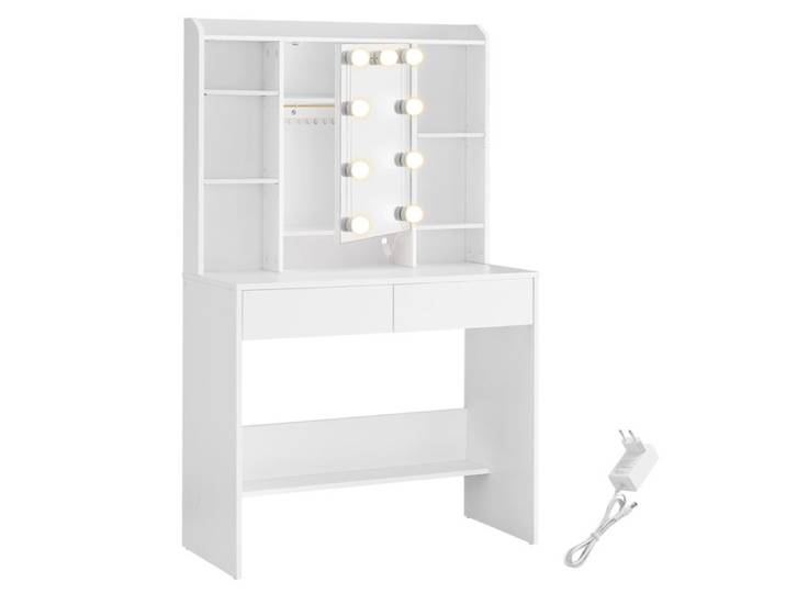 Coiffeuse Moderne - 9 LED - Blanc Nuage - Étagères Réglables - 2 Tiroirs