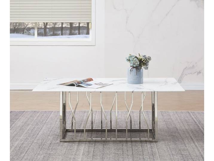 Table Basse PORTOFINO Plateau Verre Trempé Effet Marbré Blanc Pieds Chrome 120x70x45cm