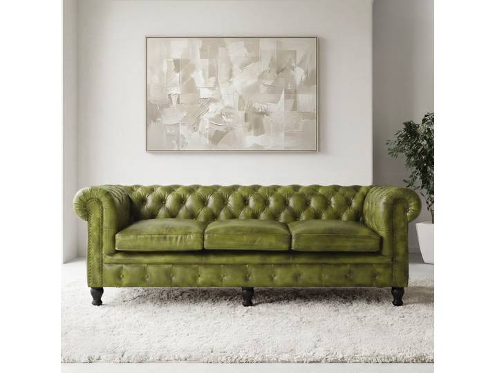Canapé Chesterfield en cuir véritable vert 3 places - Edward