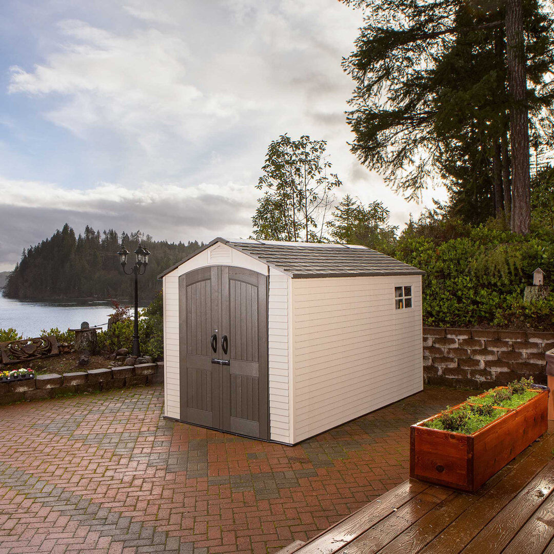 Lifetime 7 Ft. x 12 Ft. High-Density Polyethylene (Plastic) Outdoor Storage Shed with Steel-Reinforced Construction Tan 206.5cm W X 344.2cm D X 1,470.33cm H