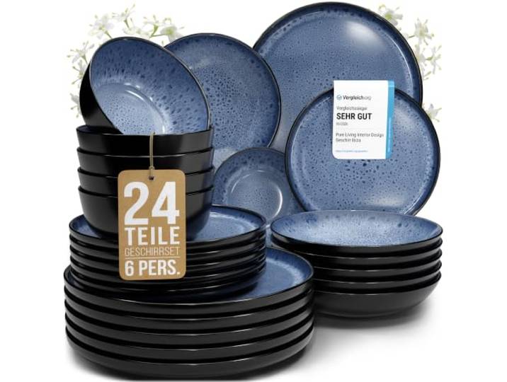 Steingut Geschirrset 6 Personen Ibiza 24 tlg. Traumhaftes Mediterranes Steingut Geschirr Set, Schüssel- und Teller Set, Tafelservice 6 Personen, Geschirrsets Pure Living in Tiefblau