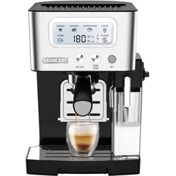 Sencor Espressomaschine mit Milchaufschäumer, LCD-Display, 15 Bar Pumpe, Thermoblock, schnelle Erwärmung, Siebträgermaschine, Grau