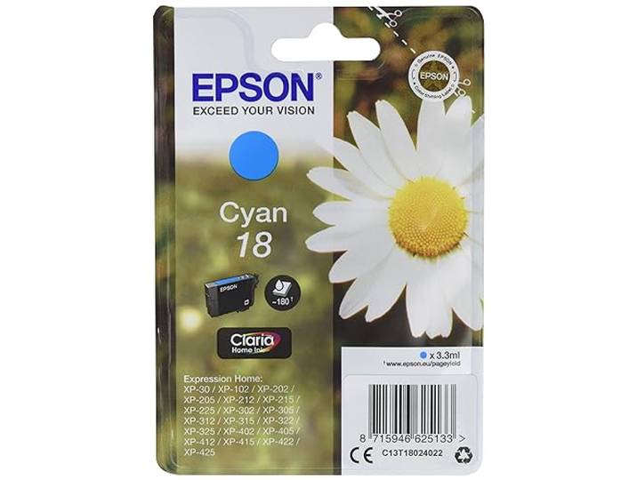 Epson 18 Ink Cartridge Cyan Standard Capacity 3.3ml 180 Pages 1-Pack RF-AM Blister Noir