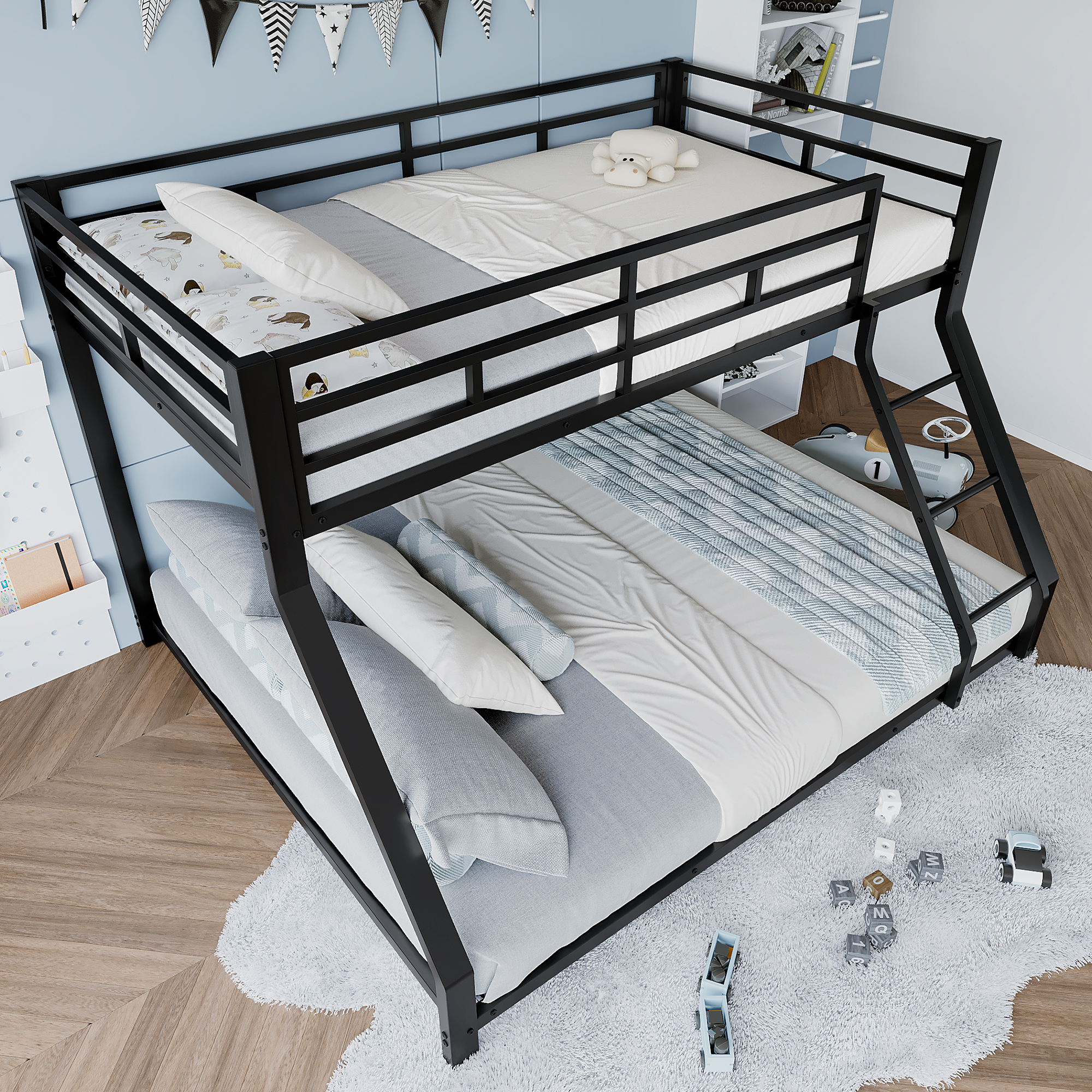MODFU Etagenbett,90/140 x 200 cm,Hochbett,Doppelbett,Metallbett mit Geländer&Stufe&,Doppelschichtiger Raum,ohne Matratze,Schwarz