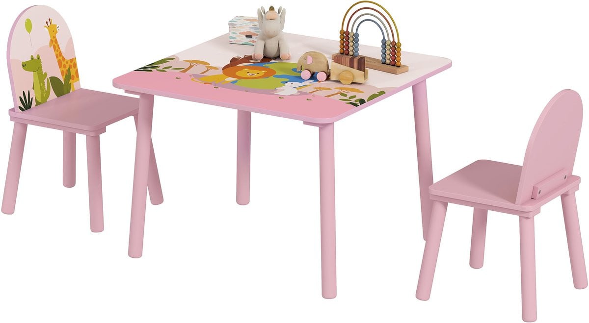 AIYAPLAY Kindertafel en -stoelenset van MDF, Roze, B/D/H: 60 x 60 x 44 cm