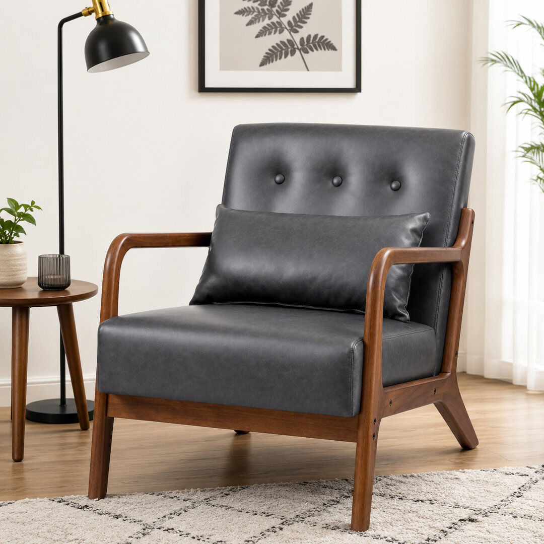 George Oliver Walthill 63 cm Modern Scandinavian Solid Wood Armchair Grey/Faux Leather 71cm H X 63cm W X 75cm D