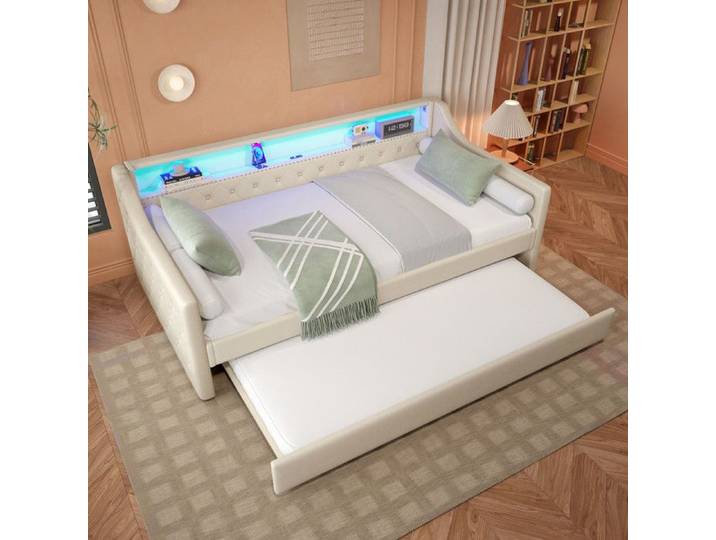 Canapé-lit 90x200cm - MODERNLUXE - Lit gigogne - LED - Prise de charge USB - Beige (sans matelas)