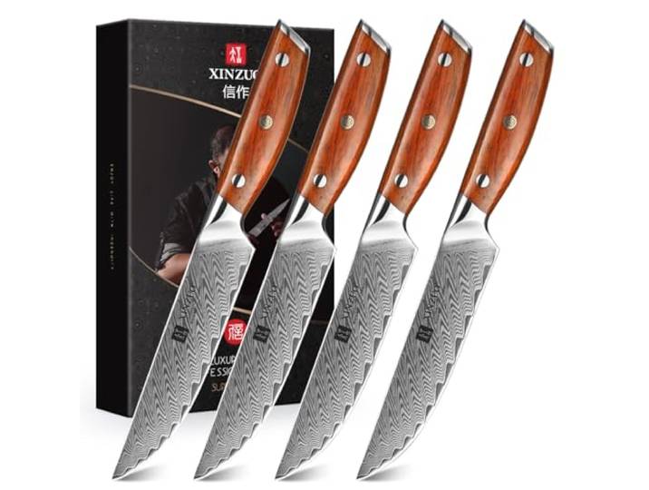 XINZUO Damaststahl 4-teiliges Steakmesser Set 12,7cm Besteckmesser Set Scharfe Steakbesteck Küchenmesser-Tafelmesser für Heim und Restaurant-Ergonomischer Roseholz Griff-mit Geschenkbox-Yi Serie