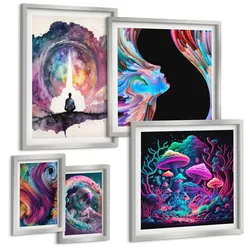 BILDER SET 5er Set - 50x50 cm & 20x30 cm & 40x60 cm Silberner Rahmen - Farbenfrohe Fantasy-Kunstillustrationen
