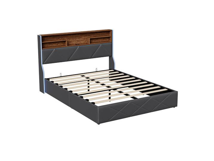 Shopentra Staurabett 160x200 Schwarz Kunstleder Holz Usb, Schwarz, 160x200 cm, Schlafzimmer, Betten