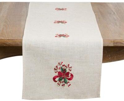 Saro "Candy Cane & Bow Holiday Linen Blend Table Runner - Festive Dining, Entertaining, Holiday Decor, & Winter Tablescapes - 16""x70"""
