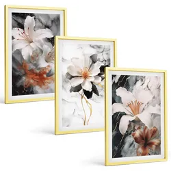 BILDER SET 3er Set - 40x60 cm Goldrahmen - Blumen Marmor weiß schwarz
