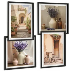 BILDER SET 4er Set - 50x50 cm & 40x60 cm Schwarzer Rahmen - Lavendelblüten und Architektur