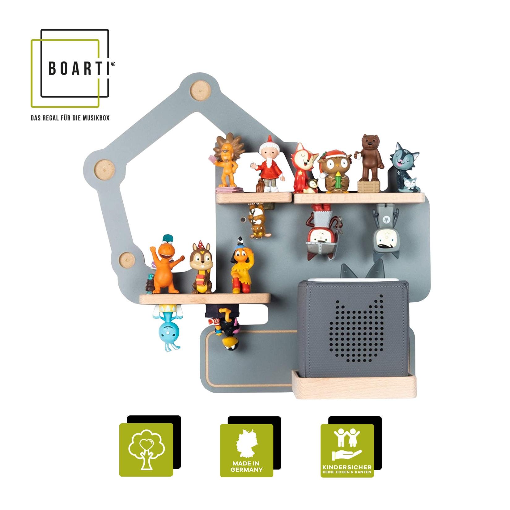 BOARTI Kinderregal Bagger hängend für Toniebox und Tonie Figuren platzsparendes Regal H. 39 x B. 44 x T. 19 Wandregal Musikbox Figuren Aufbewahrung Magneteinsätzen Aufbewahrungsregal Baustelle Holz