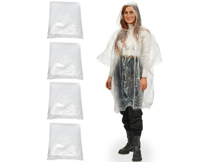4er-Set Notfall Regenponcho mit Kapuze und Ärmeln, transparent, ca. 120cm