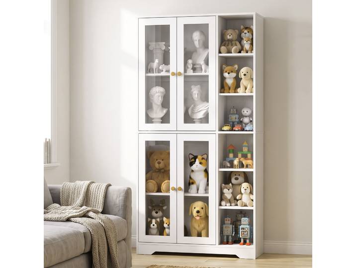 HOMCOM Buffet Haut Vaisselier 4 Portes Verre 90x35x172cm Blanc