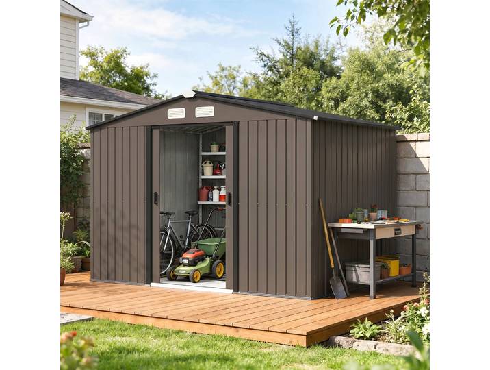 Outsunny Abri Jardin 5,4m² Acier Marron Porte Coulissante