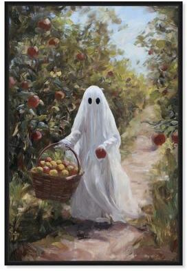 Apple Picking Ghost Halloween Art Decor Canvas Print by Art Remedy