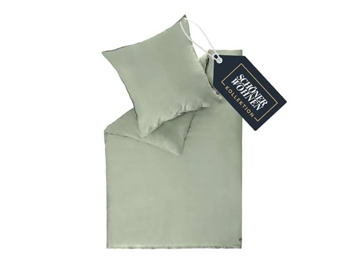 SCHÖNER WOHNEN Satin Bettwäsche 155x220 Baumwolle Grün - Luxus Bettwäsche-Set 2teilig - weich & atmungsaktiv - 1x Bettwäschebezug & 1x Kopfkissenbezug 80x80cm Frühling Duvet Cover Set - ÖKO-TEX