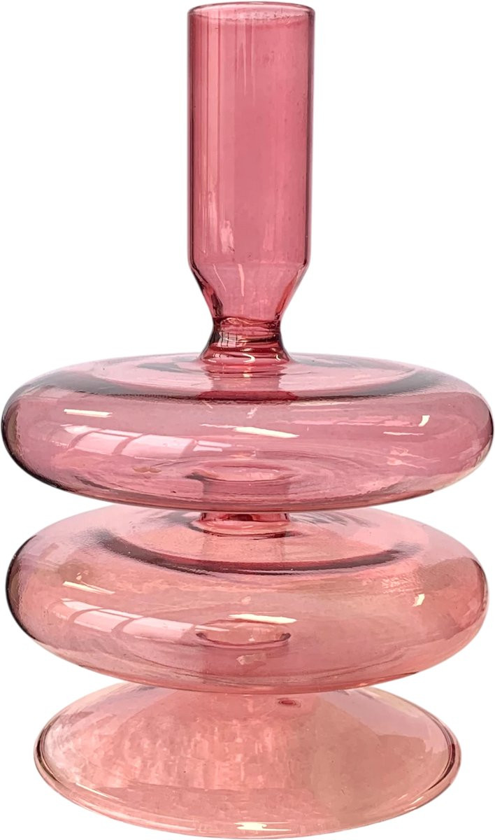 WinQ Glaskandelaar Pink - Ronde Kaarsenhouder voor Dinerkaarsen - 9 x 15,5 cm